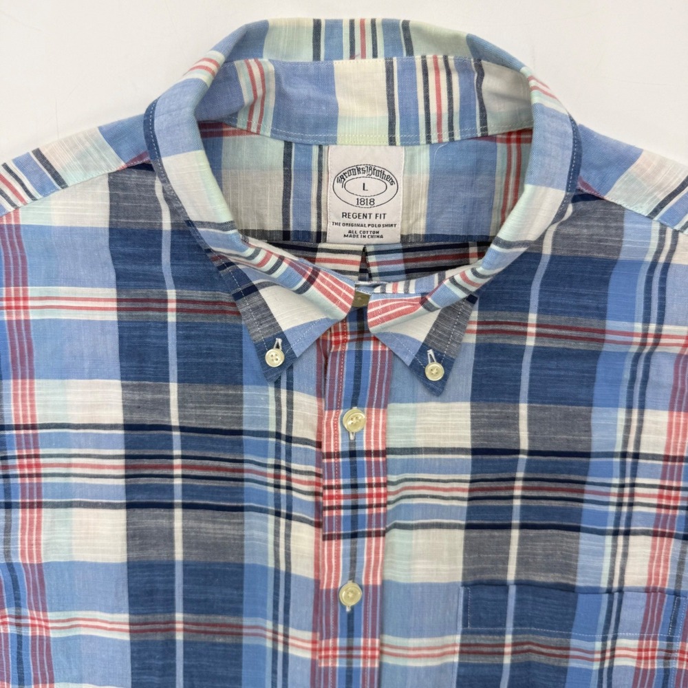Brooks Brothers Shirt Mens L Blue Plaid Regent Fit Short Sleeve Cotton Polo 6051